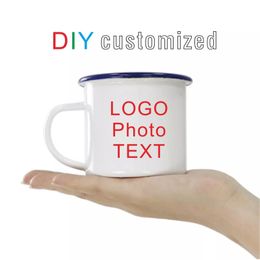 350ML Enamel Coffee Mug DIY Po Text Blue Rim Cup Personalised Gift Black Silver Colour for Choose 240523