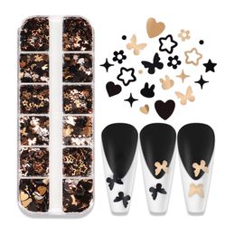 Nar049 12 Grids Nail Art Butterfly Starry Sequins Rabibit Star Black Gold Heart Glitter Flakes Paznokcie dekoracje dzieła sztuki uroki