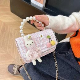 Handbags Fashion Pearl Chains Children Shoulder Messenger Bag Cartoon Plush Rabbit Cute Girls Handbag Small Square Baby Kids Coin Purse Y240523