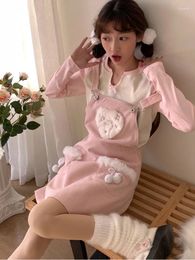 Casual Dresses Winter Pink Kawaii Sweet Denim Strap Dress Women Corduroy Japanese Elegant Suspender Female Pocket Y2k Vintage 2024