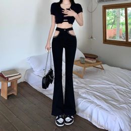 Women's Jeans Black Skinny Hollow Chain Y2k Denim Spring High Waisted Flare Pants Trousers Streetwear Women