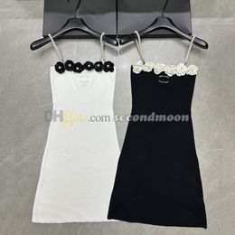 Flower Decoration Dress Women Pearl Strap Dresses Spring Summer Sleeveless Dress Rhinestone Letters Dresses