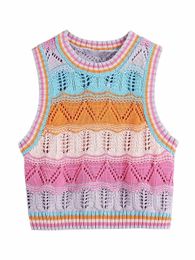 Women Colour Matching Hollow Out Crochet Short Knitted Sweater Lady Sleeveless Casual Slim Vest Crop Pullovers Knit Tops Tank Top 240523