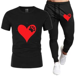 Summer Tracksuit Sets Mens Short Sleeves T-Shirt Women Tees Dog Paw Heart Funny Mens T-Shirt Sportswear Suits Two Pieces Sets 240517