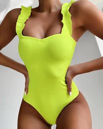 Women's Swimwear Sexy Neonyellow High Cut One Piece Swimsuit Women Ribbed Female Thong Monokini Bodysuit Brazilian Ruffled Bathing Suit