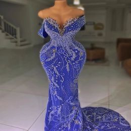 2024 Aso Ebi Royal Blue Mermaid Prom Dress Beaded Crystals Sequined Evening Formal Party Second Reception 50th Birthday Engagement Thanksgiving Gowns Dresses ZJ59