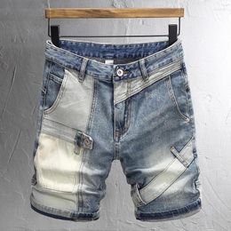 Men's Jeans Summer Fashion Men Retro Washed Blue Slim Fit Spliced Designer Ripped Short Hombre Stretch Hip Hop Denim Shorts