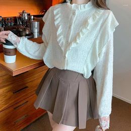 Women's Blouses Sweet Tops Vintage Ruffles Lace Blouse Women Autumn Long Sleeve Button Shirt Elegant Hollow Office Lady Blusas 29751