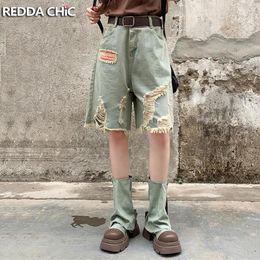 Women's Jeans REDDACHiC Women Irregular Edge Denim Shorts Summer Vintage Wash Destroyed Low Rise Baggy Jorts Harajuku Y2k Streetwear