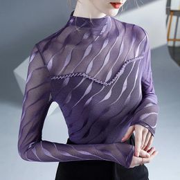 Women's T Shirts 2024 Spring Long Sleeved Bead Stitching Mesh Top Elegant Slim Striped Blusas