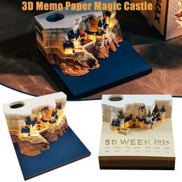 Creative Hand-bound Magic Castle Weekly Calendar With Light 3D Paper Carving Art Craft Notepad Sticky Notes Memo Pads Xmazs Gift 240522