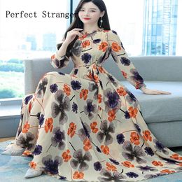 Party Dresses 2024 Spring Arrival Elegant Stand Collar Flower Printed Long Sleeve Women Chiffon Dress High Quality