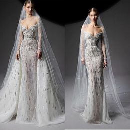 Sparkly Mermaid Wedding Dresses With Veil Sweetheart Sequins Applique Elegant Sweetheart Sweep Train Vestido De Novia Custom Size