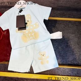 Baby Casual Suit Bear Letter Short Sleeve Set Summer Cotton Shorts Cute Tracksuit White Gray Clothing Sets 66-100Cm 477