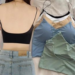 Camisoles & Tanks Sexy Ice Silk Women Crop Tops Summer Bra Thin Shoulder Strap Self-contained Chest Pad Girls Fixed Cup Bottoming Underwear
