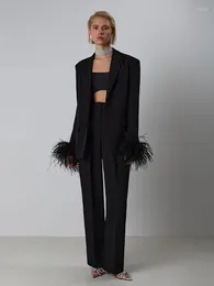 Women's Two Piece Pants Sexy Feathers Blazer PantSuit Women Black Rose Red Feather Long Sleeve Jacket Hihg Waist Sets Party Suits