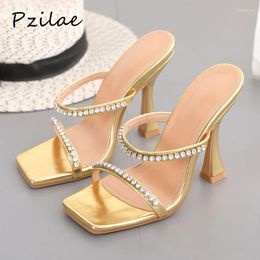 Slippers Pzilae Summer Sexy Rhinestone Woman Crystal High Heels Square Toe Mules Ladies Slides Party Shoes Gold