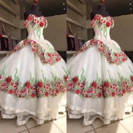 2022 Floral Appliques Quinceanera Dresses Charro Mexican Style Off The Shoulder Two Layers Ball Gown Princess Sweet 16 Girls Prom Dress 247B