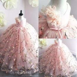 Princess Pink Flower Girl Dresses Lace 3D Floral Appliques Ball Gown Little Girl Birthday Party Gowns Sweep Train Kids Formal Wear 229r