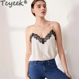 Women's Tanks Women White Camisole Real Silk And Lace Camis 2024 Spring Summer Black Chic Top
