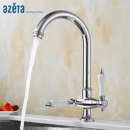 Kitchen Faucets Azeta Deck Mounted Mixer Tap Dual Handle Chrome Brass Faucet AT9608
