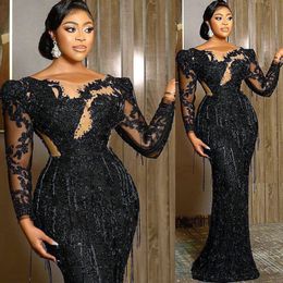 Aso Ebi 2021 Arabic Plus Size Black Luxurious Sheath Prom Dresses Lace Beaded Sheer Neck Evening Formal Party Second Reception Gowns Dr 266V