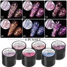 PUENTE 6Pcs Colourful Glitter Gel Nail Polish Set Sparkling Mica Shell Sequins Nail Art Gel Soak Off Semi-permanent Varnish Kit 240520 240523