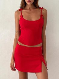 Women's Tanks Women S Summer Skirt Outfits Mini Bow Scoop Neck Cami Tops With Slit Bodyocn Set Party Clothes