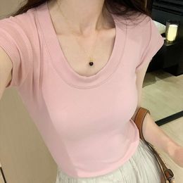 designer Womens top spicy girl versatile short sleeved round neck pleated elastic slim fit short T-shirt exposed navel top IIC3