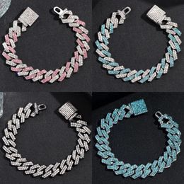 Fashion Pink Blue Iced Out Crystal Prong Cuban Link Chain Bracelet for Women Bling Bracelets Hip Hop Jewellery 240520