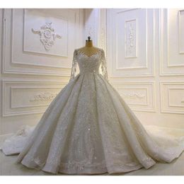 Luxur Arabic Long Sleeve Ball Gown Wedding Dresses Sheer Jewel Neck Lace Appliqued Sequins Plus Size Custom Made Bridal Gowns 0523