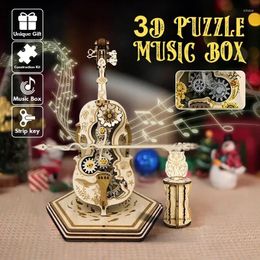 Decorative Figurines 3D Wooden Puzzle Magic Cello Music Box With Moveable Stem DIY Wood Craft Mechanical Building Kits Creative Gift For Men