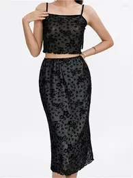 Work Dresses CHRONSTYLE Sexy 2pcs Set Women Outfits Fairy Y2K Floral Lace Strap Camis Crop Tops Mesh See Through Long Skirts Summer