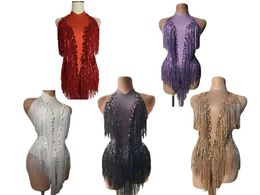 Basic Casual Dresses Sparkly Rhinestones sequin tassel tight fitting jumpsuit for womens nightclub set singer and dancer costume stage wearing sexy per J240523