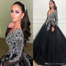 Sexy Ball Gown Evening Dresses Black V-Neck Classical Long Sleeves Appliques Beads Top Prom Quinceanera Dresses Formal Party Pageant Dr 289s