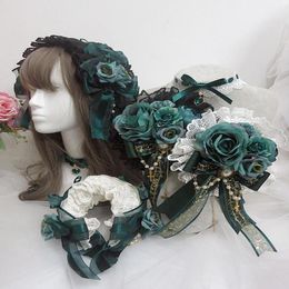 Party Masks Girl Design Lolita Lace Hairpins Dark Green Flower Pearl Cross Gothic Women Costume Necklace Headband Cosplay Headpiec5290206