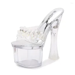 Sandals 17.5cm Women Glass Crystal Wedge Heel Slippers Summer Waterproof Platform Non-slip Sexy Super High LFD