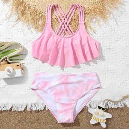 Two-Pieces Two-Pieces Girls pleated high waisted bikini two-piece swimsuit childrens swimsuit 7-12 year old youth swimsuit beach suit pink WX5.22