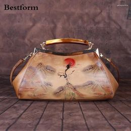 Shoulder Bags Form Retro Handmade Genuine Leather Women Handbag 2024 Landscape Hasp First Layer Cowhide Ladies Luxury Bag