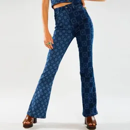 Women's Jeans 2024 Vintage Flower Print Blue Woman Denim Flare Pants High Waist For Women