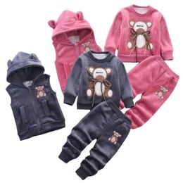 Hooded Vest+Sweater+Pants 3Pcs Suit Winter Warm Veet Plush Cartoon Bear Kid Toddler Set Boys Girls Autumn Casual Clothes 1-4 Y L2405