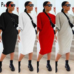 Casual Dresses Prowow Mid Women Dress Puff Sleeve O-neck Spring Fall Long Sweatshirt Loose Style Soild Color Causal Female Clothes Vestidos