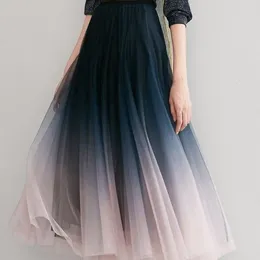 Skirts Soft Breathable Skirt Gradient Color Tulle Maxi With Elastic Waist For Women Elegant High Pleated A Line Loose