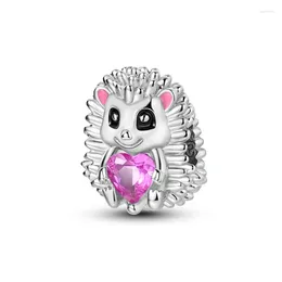 Hoop Earrings Unique 925 Sterling Silver Large Eyed Hedgehog With Pink Heart Charm Fit Bracelet Women's Zoo Play Jewellery Accessories