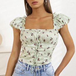 Women's T Shirts Summer Light Green Sexy Blouse Flower Printed French Sweet Design Drop Sleeves Top Slim Tie Sleeveless Female Casual