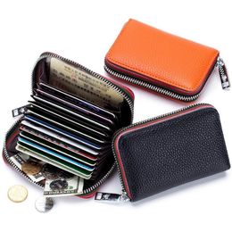 Card Holders Genuine Leather Men Women Holder Small Zipper Wallet Solid Coin Purse Accordion Design ID Business Bags 305q