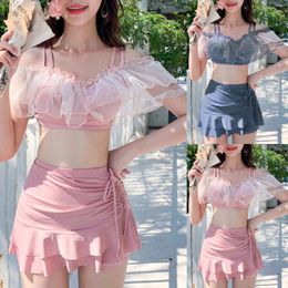 Korean Style Sweet Tankinis Women Spaghetti Strap Ruffled Lace Swimwear Tiered Drawstring Sexy Bathing Suits Skirts