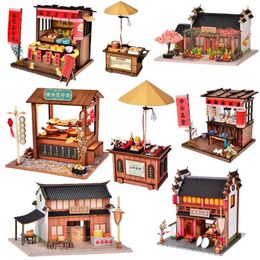 Doll House Accessories DIY Wooden Doll House Chinese Mini Building Kit Barbecue Breakfast Shop Doll House with Furniture Lights Toys Q240522
