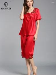 Home Clothing BirdTree Real Silk Pyjamas Set Women's Short Sleeve Lace Elegant Comfortable Simplicity Loungewear 2024 Spring S419120QD