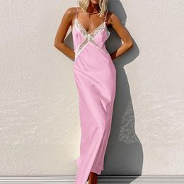 Casual Dresses Women Summer Evening Maxi Dress Lady Lace Patchwork Sleeveless Spaghetti Strap Backless Ruched Party Female Vestido